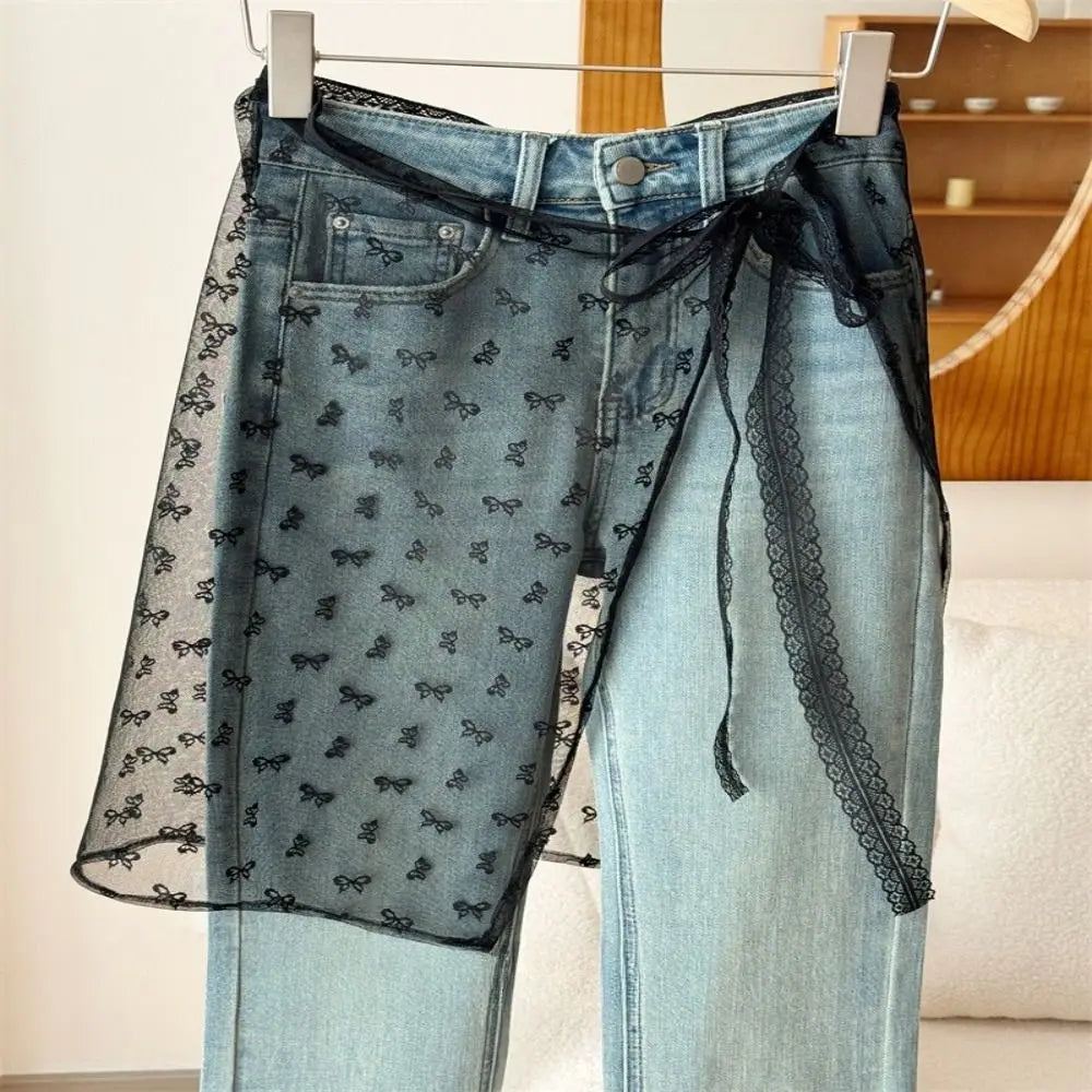 Fashion Lace Lace Layered Gauze Skirt Korean Version Unique Floral Skirt Lace Up Thin Lace Tie Up Spicy Girl Apron Spring
