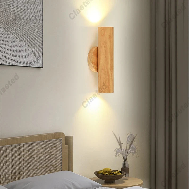 Nordic Style Solide Wood Wall Lamp for Dining Room Bedroom Foyer Chinese Up Down Double Heads  Background Aisle Led Wall Light
