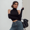 Woman Clothes Fall 2025 Tank Top Sleeve Cover Sleevless Side Pleats Turtleneck T-shirt  Sexy Ribbed Knitted Tops Y2k 2529