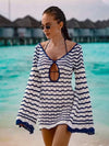Sexy Boho Striped Chic V-neck Cut Out Bell Sleeve Knit Beach Mini Dress 2026 Summer Women Seaside Holiday Swimsuit Cover Up K123