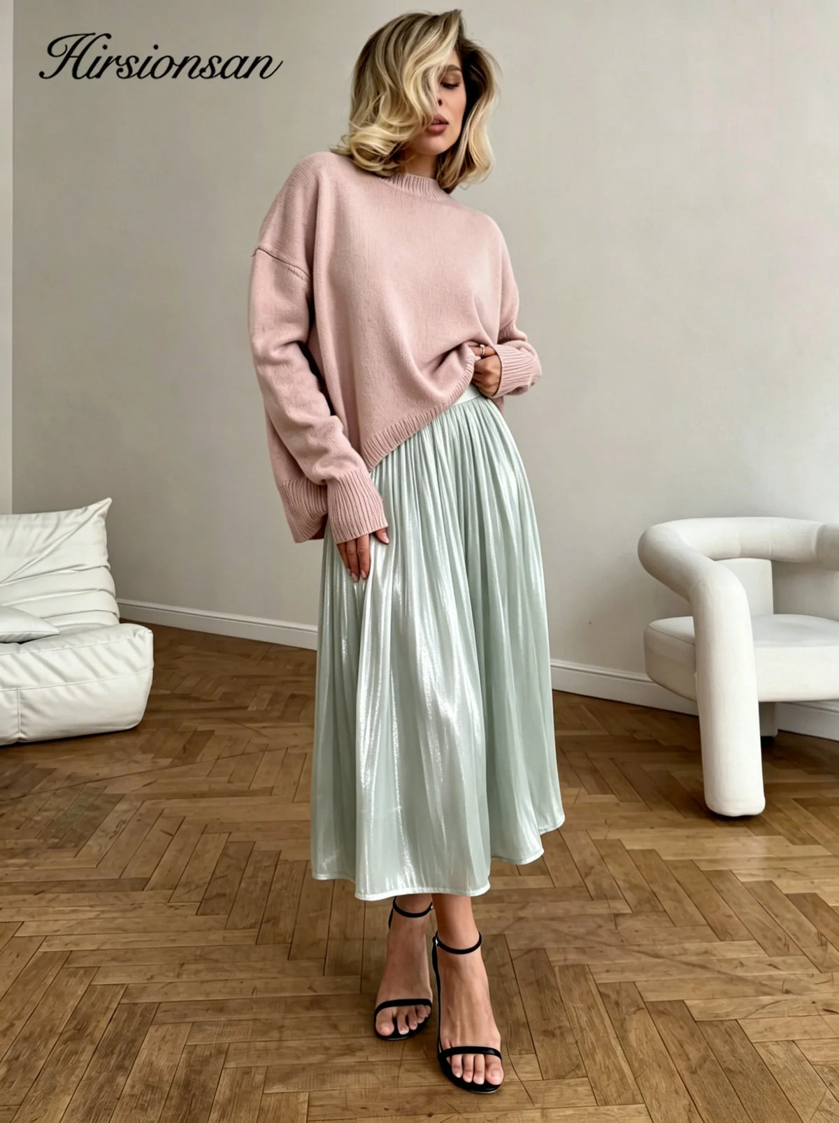 Hirsionsan Satin High Waist Skirts Women 2024 New Soft Smooth Silk Office Lady Basic Midi Skirt Chic Elegant Glossy Long Skirt