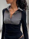 2025 Autumn Striped Polo Collar Contrast Crop Top Slim Fit Bodycon Knit Tops - Spicy Girl Outfits for Club/Streetwear/Daily Wear