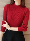 2026 Autumn Women Mock Neck Ruffles Sweater Long Sleeve Knitted Bottoming Solid Pullovers Stripe Women Casual Sweater Winter