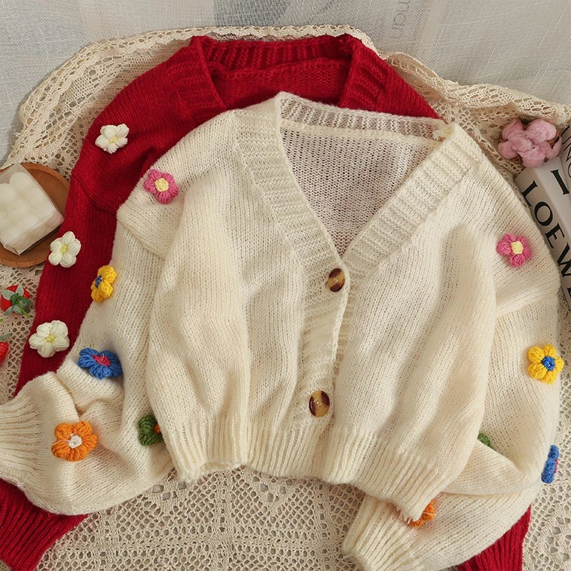 2026 New Spring Autumn Colourful Applique Flower Cardigan for Women Cute Long  V-neck Knit Crop Sweater Girl Soft Knitwear