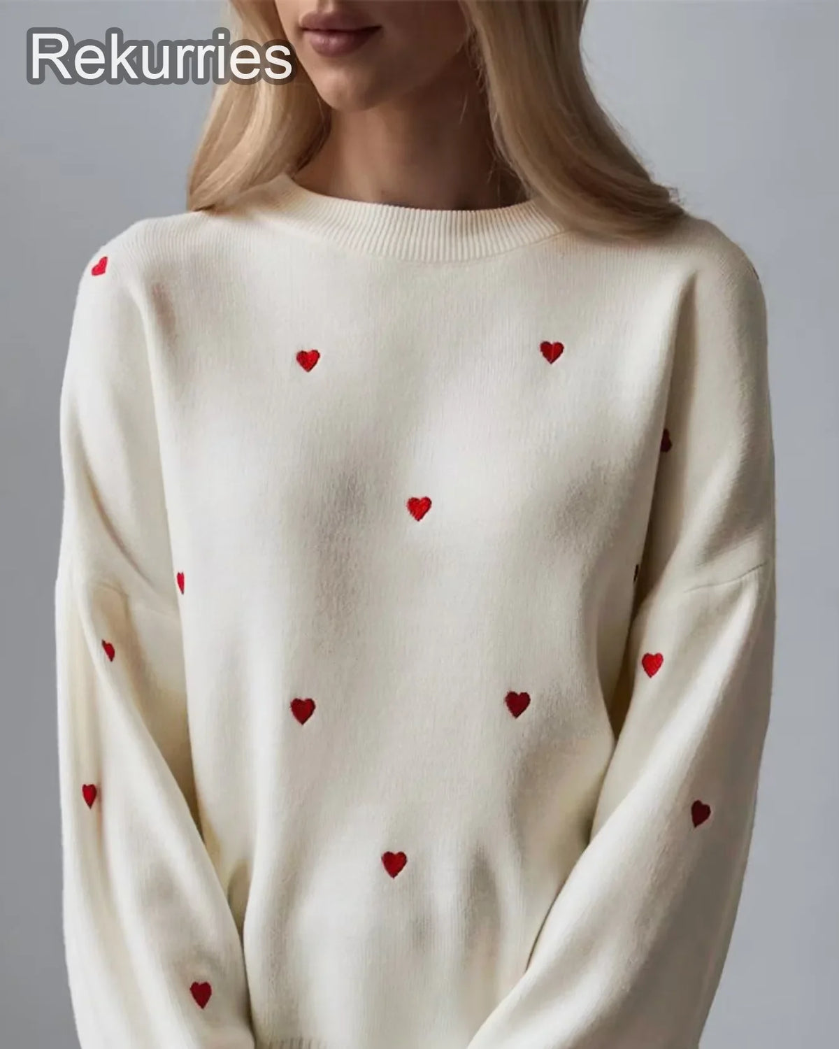 Women's Cream Red Heart Embroidered  Knit Sweater Crew Neck Long Sleeve Casual Pullover Fashion Comfortable Top