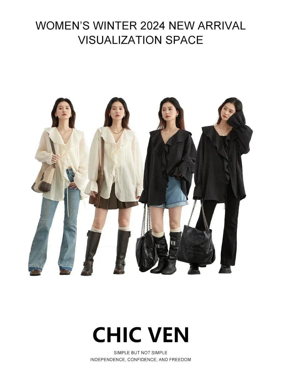 CHIC VEN Women Shirt Loose Casual Ruffled Edges Female Blouses V Neck Lace Up Mid Length Woman Shirts Spring Summer 2026