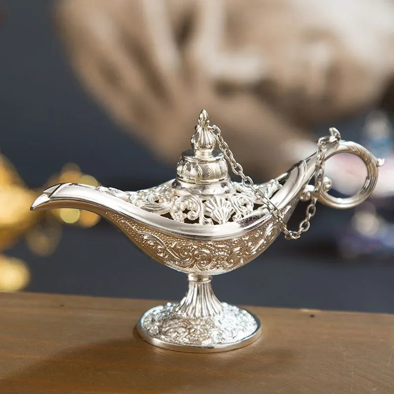 12cm(4.7")Classic Rare Hollow Legend Aladdin Magic Genie Lamps Incense Burners Retro Wishing Oil Lamp Home Decor Gift