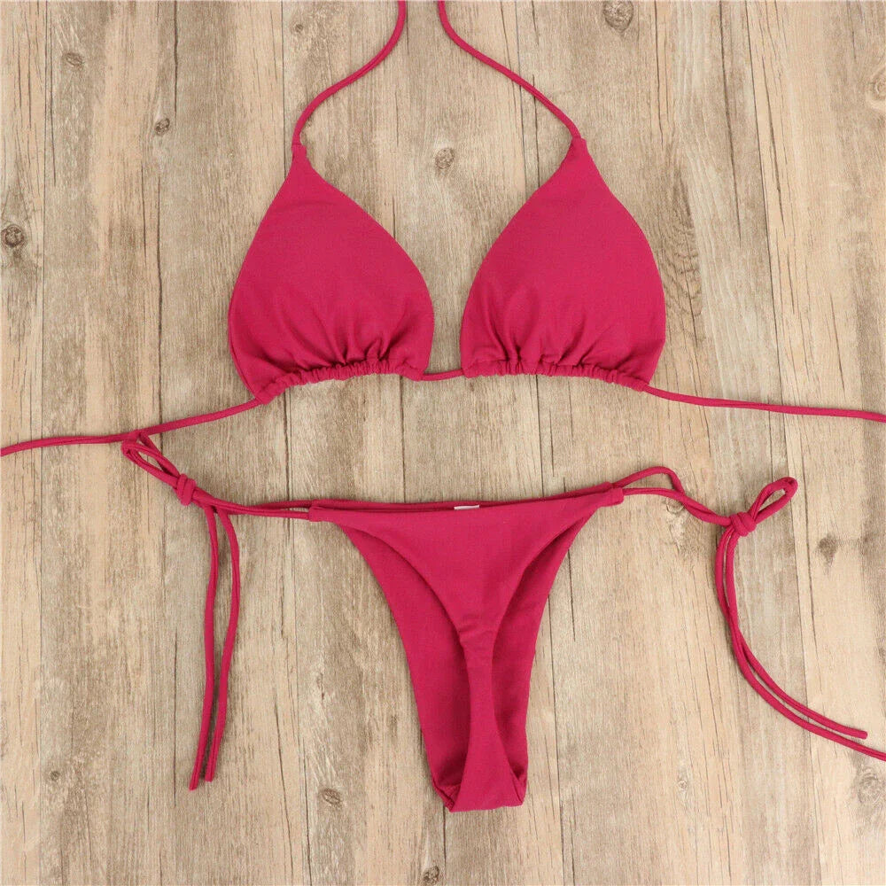 Women Tie Sexy Thong Bikini Set Side Swimsuit Bandage Style Brazilian Swimwear Split Strap Adjustable Solid Female Swimsuit Set