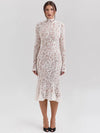 Mozision Lace Long Sleeve Sexy Midi Dress For Women Elegant White Half High Collar High Waist Bodycon Club Party Sexy Long Dress