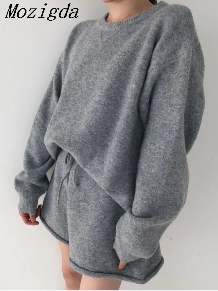 Korean Style Sweater Two 2 Piece Set Women Vintage Autumn Winter Pullover Knitted Tops + Casual Shorts 2 Piece Outfits Female