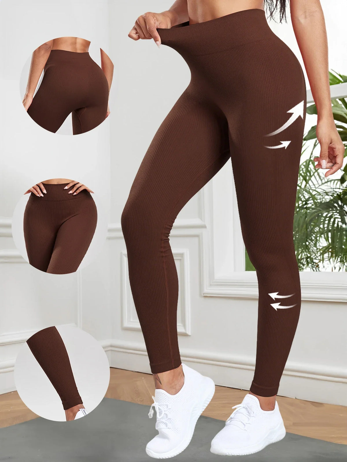 Women Seamless Ribbed Leggings High Waist Butt Lifting Workout Tights Solid Color Simple Fitness Pants Casual Clothing