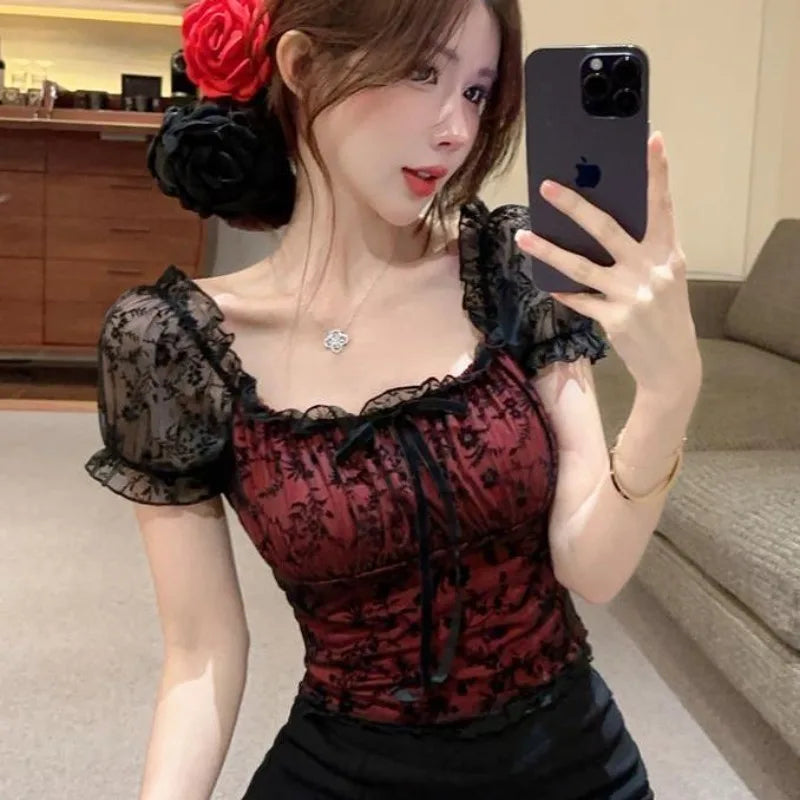 Blouses Women Lace Sexy Slim Tops Hot Girls Summer Stylish Short Puff Sleeve Seductive Backless Slash Neck Mesh Aesthetic Chic