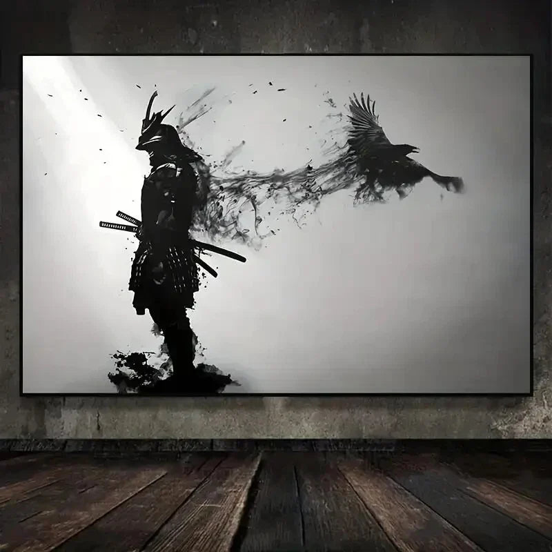 Black and White Japanese Black Samurai Man with Crow Posters and Print Wall Art Canvas Painting for Living Room Cuadros Decor
