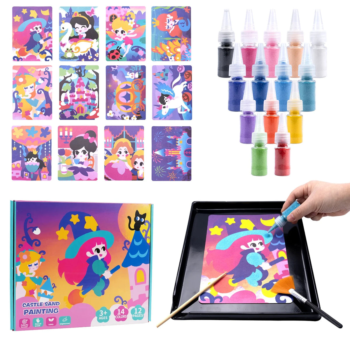 Sand Art Kit DIY Sand Painting Craft 14 Color 12 Princess Sand Painting Cards Montessori Toys Educational Toys for Kids Gifts
