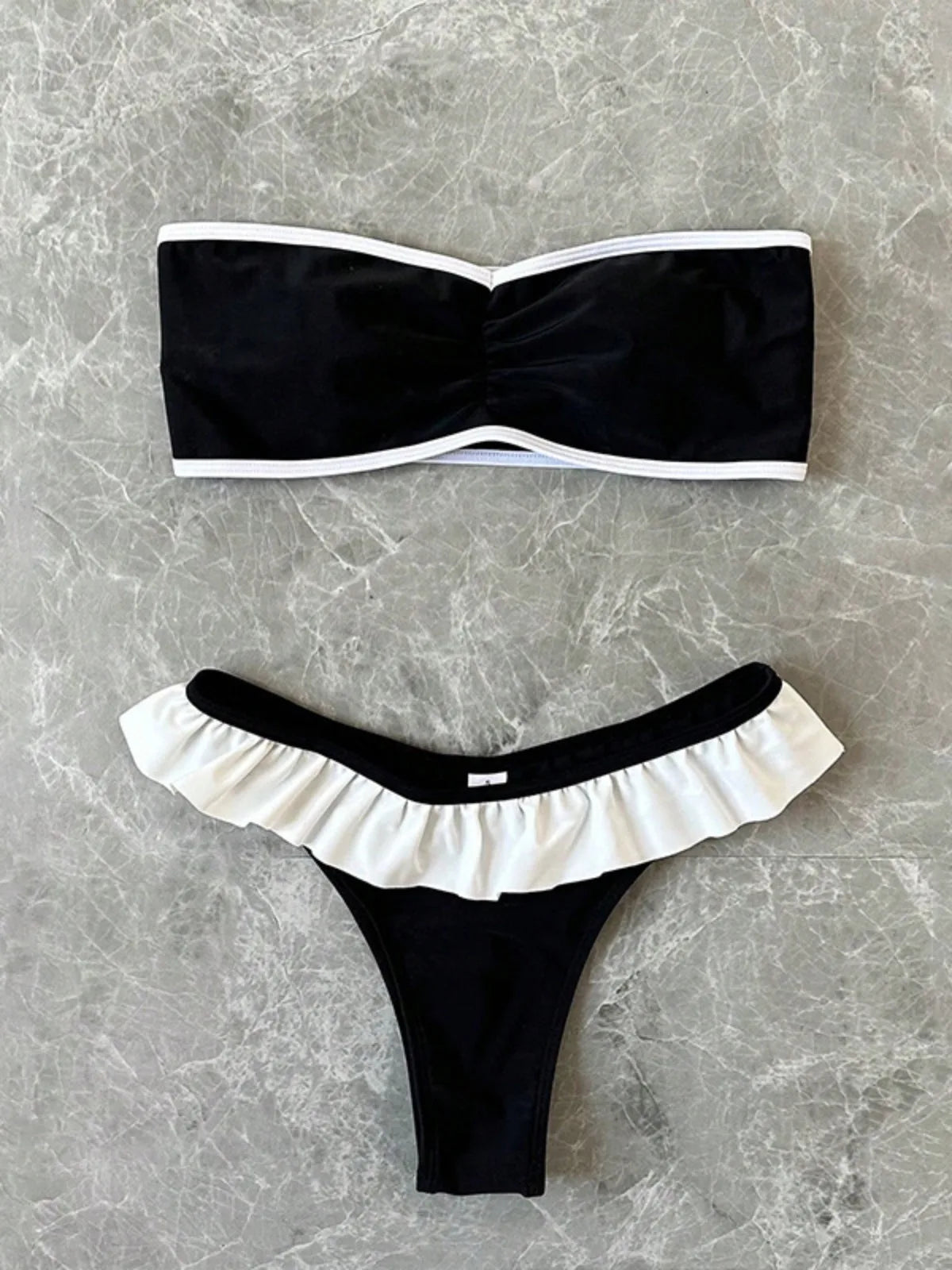 Women's Strapless Swimsuit 2-piece Suit Solid Color Patchwork Push Up Ruffle Thong Beach Hot Spring Bikini Set 2026 New Swimwear