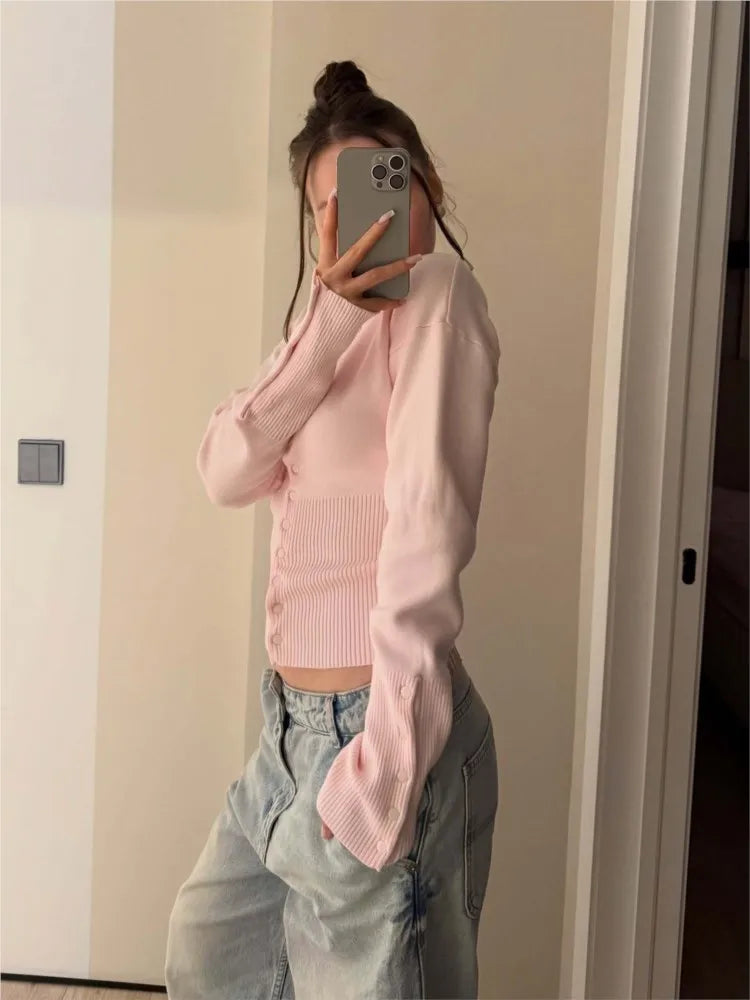 Pink Twist Cotton Long Sleeve Knitted Cardigan Women Simple Button Casual Preppy Style Jumper Sweet Cute Simple Sweater Top New