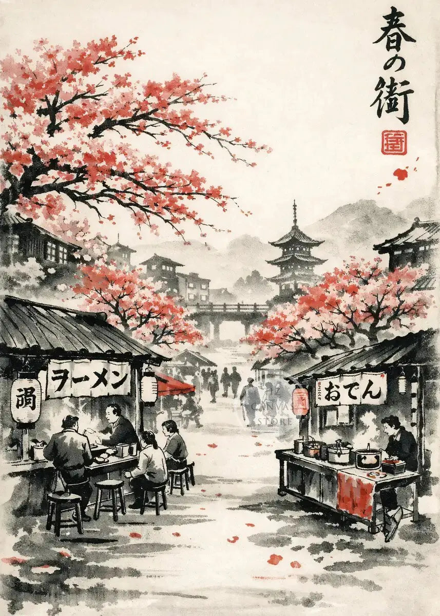 Japanese Ink Painting Landscape Spring Cherry Blossoms Canvas Print Asian Style Wall Art Poster for Living Room Home Decor Gift