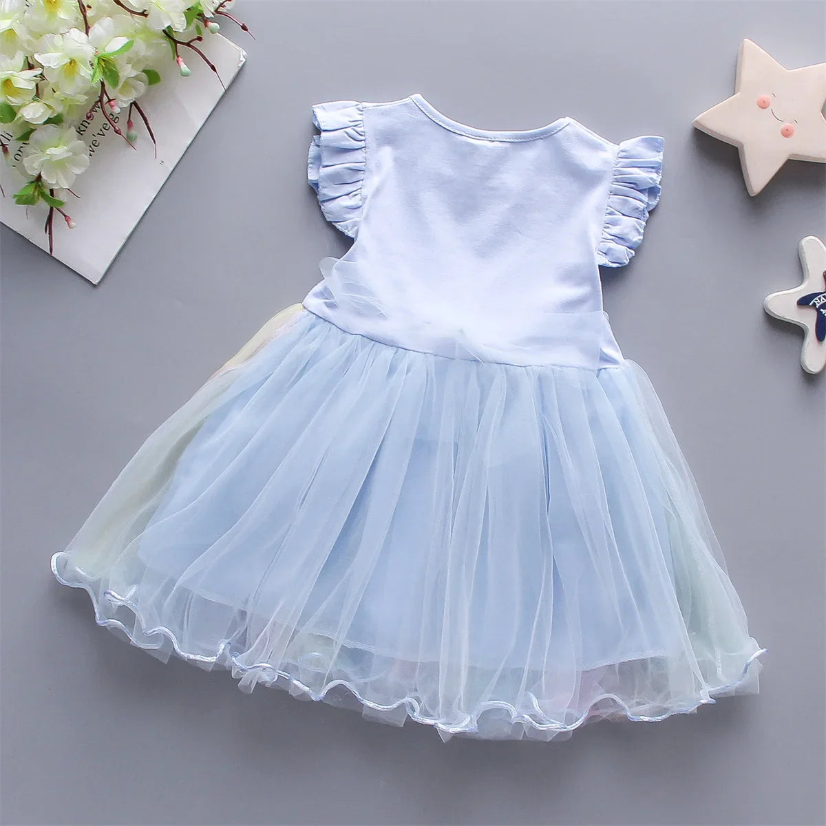 A Cute Girl'S Dress From 0 To 3 Years Old In Summer Sleeveless Love Trojan Horse Print Patchwork Rainbow Mesh Daily Casual Dress