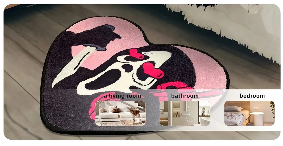 VIKAMA Heart-Shaped Skull Carpet Soft and Comfortable Halloween Decorative Floor Mat Bedside Rug Bathroom Foot Mat Home Decor