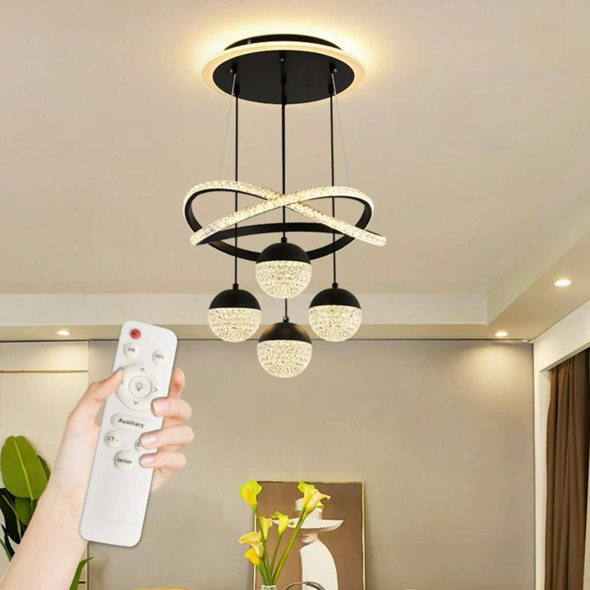 LED Pendant Light with Remote Control Three Color Dimming Simple Living Room Dining Room Bar Counter Staircase Pendant Light