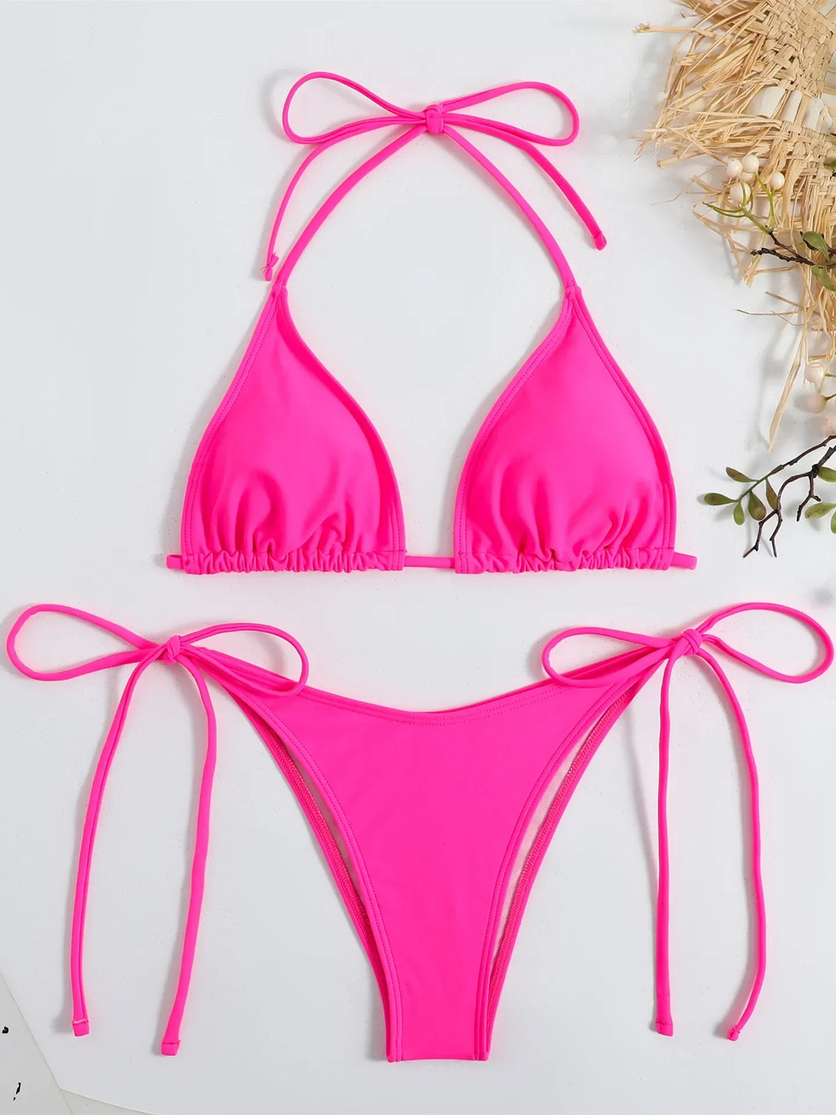 Sexy Brown Bikini 2026 Women Solid Red Halter Push Up Bra Tie Side Triangle Swimsuit Summer Bathing Suit Lace Up Micro Swimwear