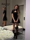 Ahagaga Sexy Women's Mini Dresses Patchwork Short Sleeves Lace Hollow Out Slim Fit Trend Baisc Turtleneck Streetwear Female Robe