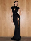 Black Women Hollow Out Slit Dress Sexy Short Sleeve Solid High Neck Slim Fit Maxi Dresses Lady Fashion Evening Party Club Robe