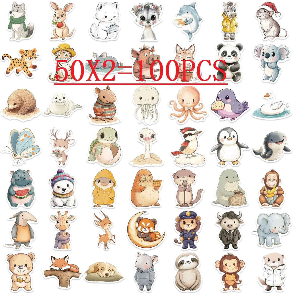 50/100PCS Cartoon Healing Animal Graffiti Stationery Notebook Stickers Decorative Guitar Luggage DIY Waterproof Stickers