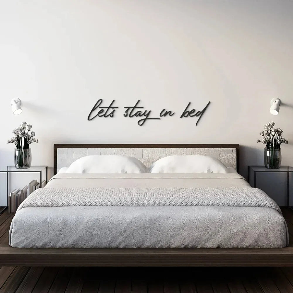 12x8 Inch "Let's Stay in Bed" Metal Wall Sign - Rustic Industrial Decor with Distressed Finish, Cozy Home Quote Art for Bedroom