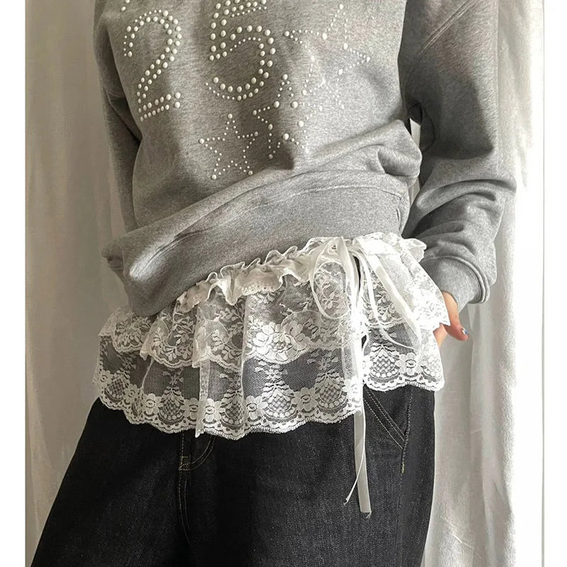 Solid Harajuku White Beige Mesh Lace Skirt Y2k Korean Girl Stacked Skirt Chic Apron Wrap Skirt Lace Up Matching Pants Streetwear