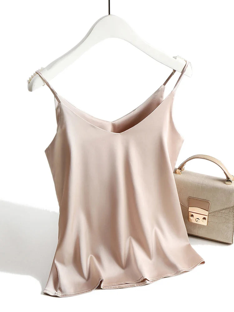 AOSSVIAO 2026 Spaghetti Strap Top Women Halter V Neck Basic White Cami Sleeveless Satin Silk Tank Tops Women'S Summer Camisole