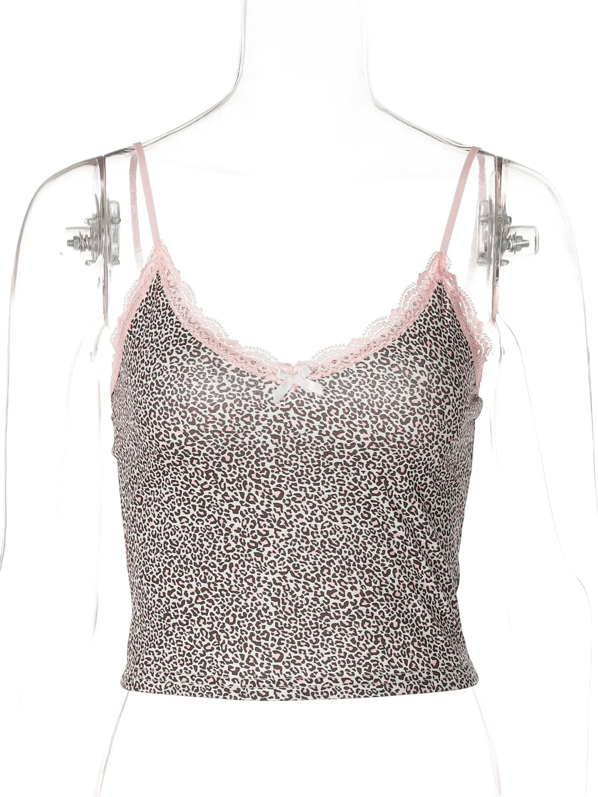 Hugcitar Fashion Leopard Print Slips Patchwork Lace Bow Sexy Slim Crop Camis Top Summer Women Festival Party Clothes Streetwear