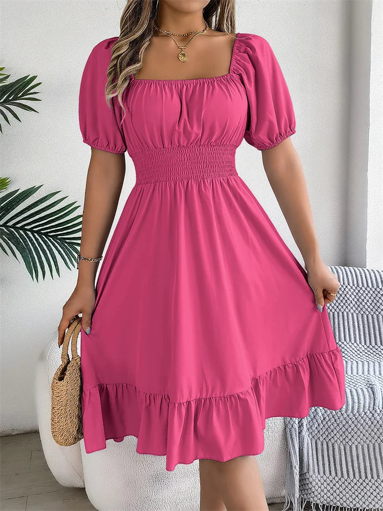 Msfilia Leisure Square Collar Spring Summer Dress Women Short Sleeve Loose Waist Design Lotus Leaf A-shaped Print Dress