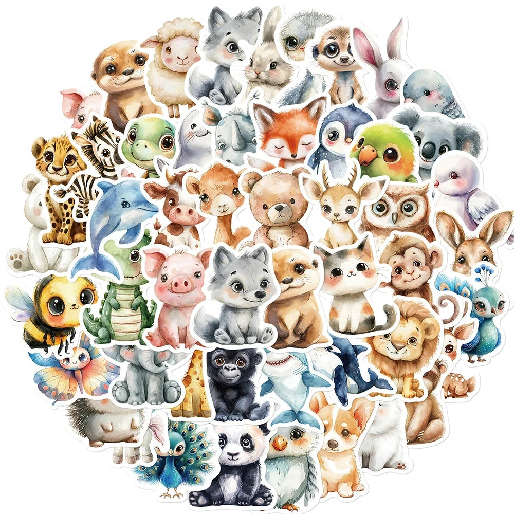 10/30/50pcs Cute Cartoon Watercolor Animal Graffiti Stickers DIY Suitcase Laptop Luggage Water Bottle Decoration Sticker Decals