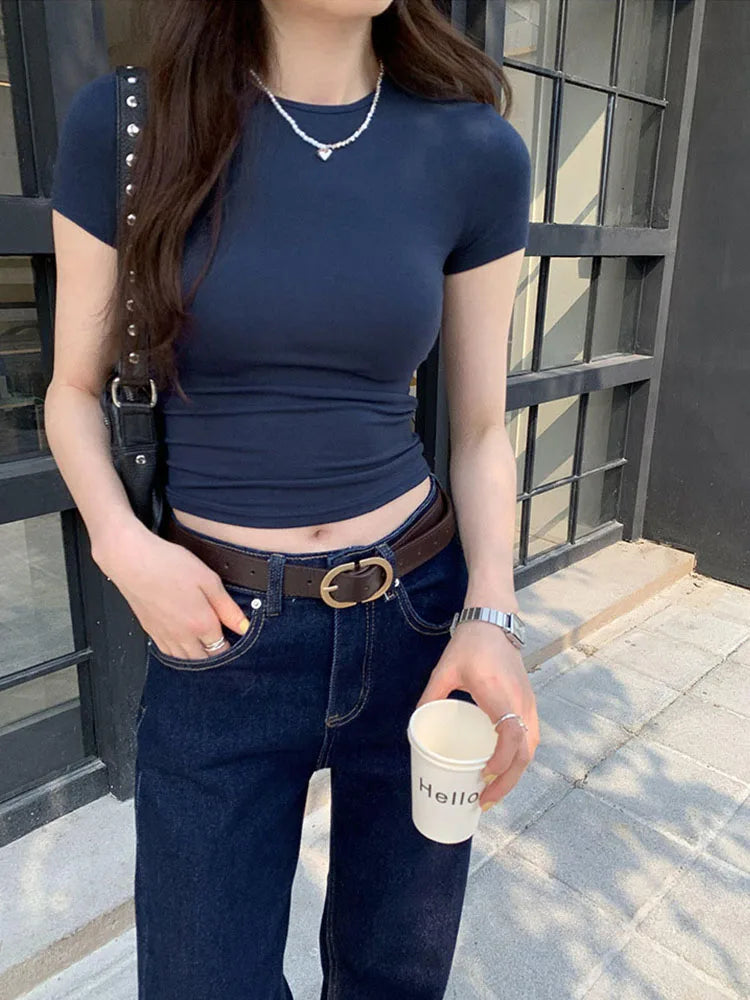Women's Basic Solid Crop Top Short Sleeve Crewneck Skinny T-shirt Summer Casual Y2K Vintage Harajuku Streetwear