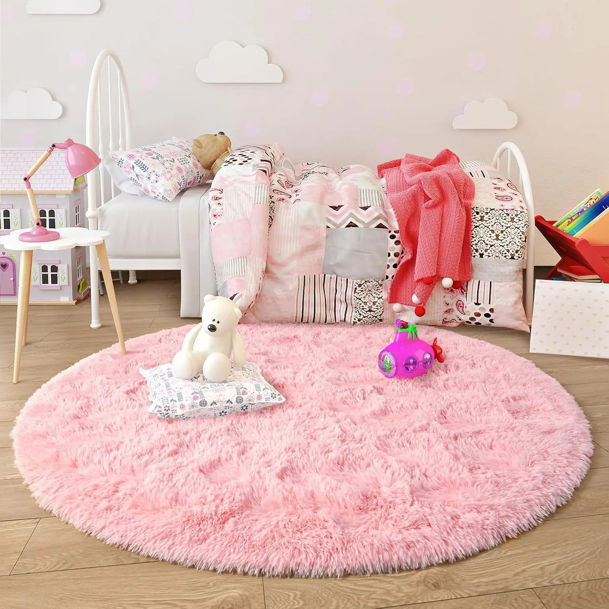 VIKAMA Pink Round Carpet Fluffy Soft Area Floor Mat Children Girls Room Princess Castle Plush Carpet Living Room Home Decor