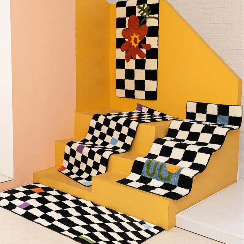 VIKAMA Modern Ins Checkerboard Cashmere Rug Comfortable Soft Cooling Bedroom Bed Blanket Bay Window Blanket Cloakroom Carpet