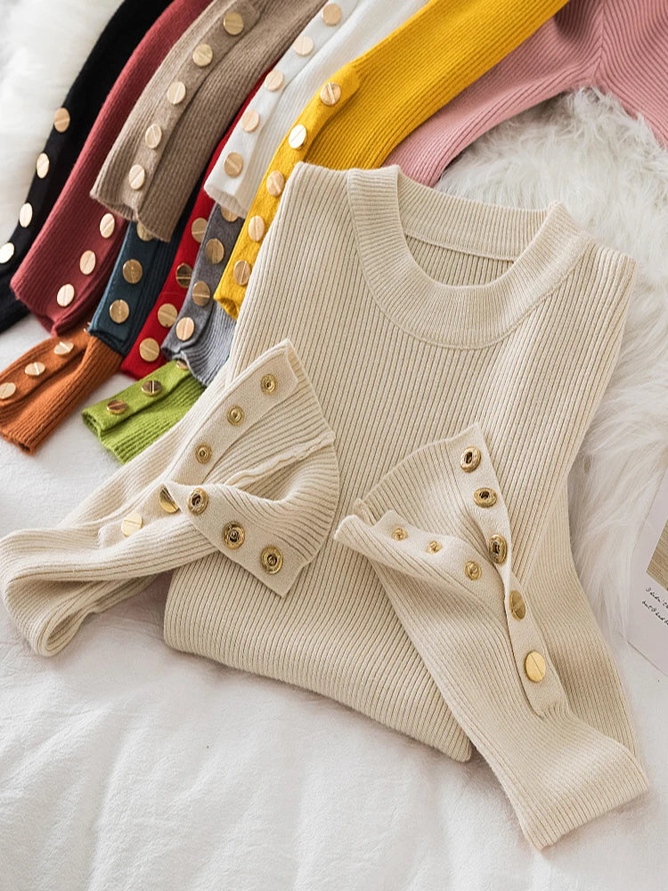 2026 women thick sweater pullovers khaki casual autumn winter button o-neck chic sweater female slim knit top soft jumper tops