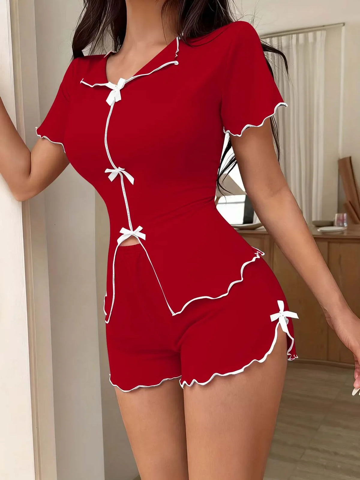 Women's Sweet Pajamas Set Bow Short Sleeve Top And Shorts Sleepwear 2 Piece Set For Women Summer Casual Elastic Homewear