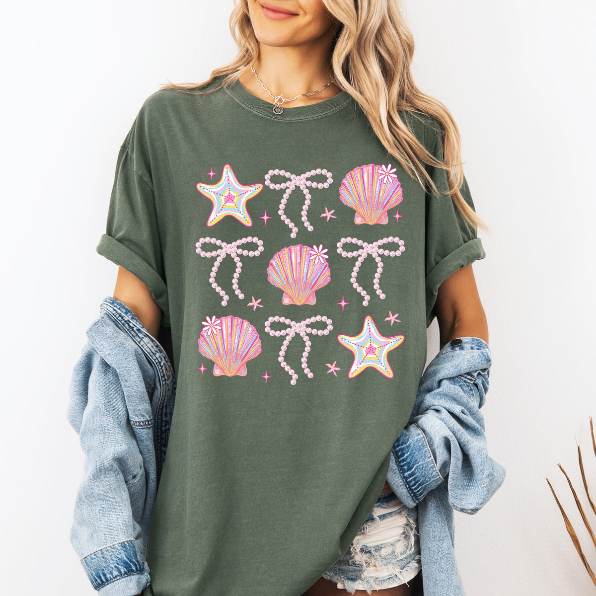Seashell Beach Coquette Pearls Ribbon Summer Sunset Limited Edition Coastal Print Comfort Colors Tee