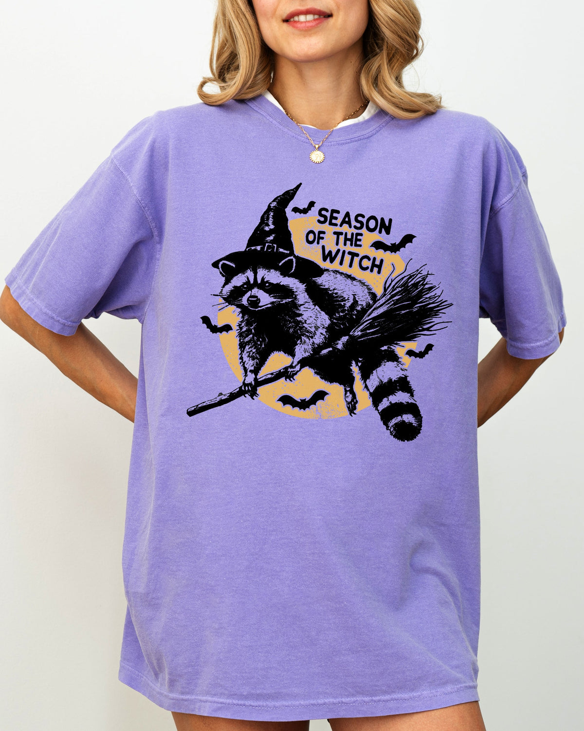 Season Of The Witch Cute Raccoon Halloween Meme Bats Moon Spooky Comfort Colors Tee