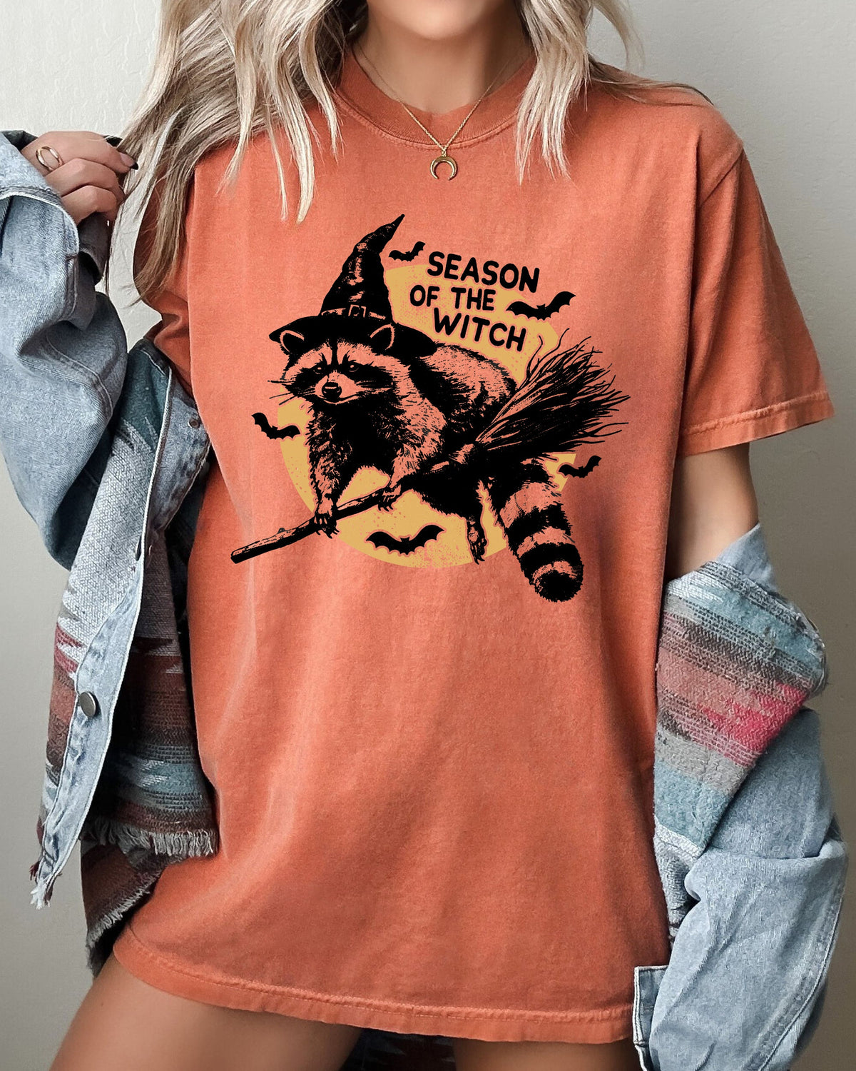 Season Of The Witch Cute Raccoon Halloween Meme Bats Moon Spooky Comfort Colors Tee