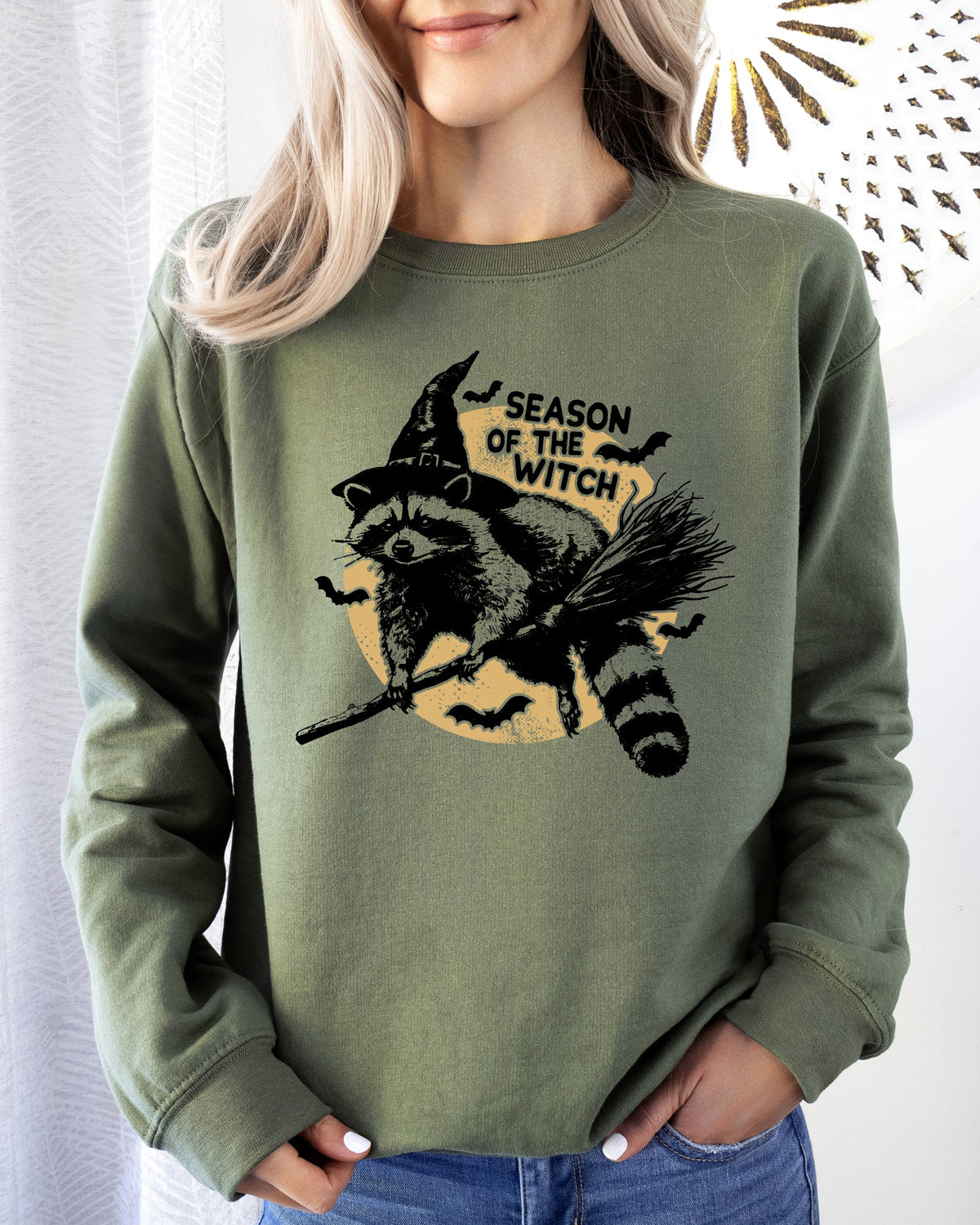 Season Of The Witch Raccoon Halloween Meme Bats Moon Spooky Midnight Graphic Sweatshirt