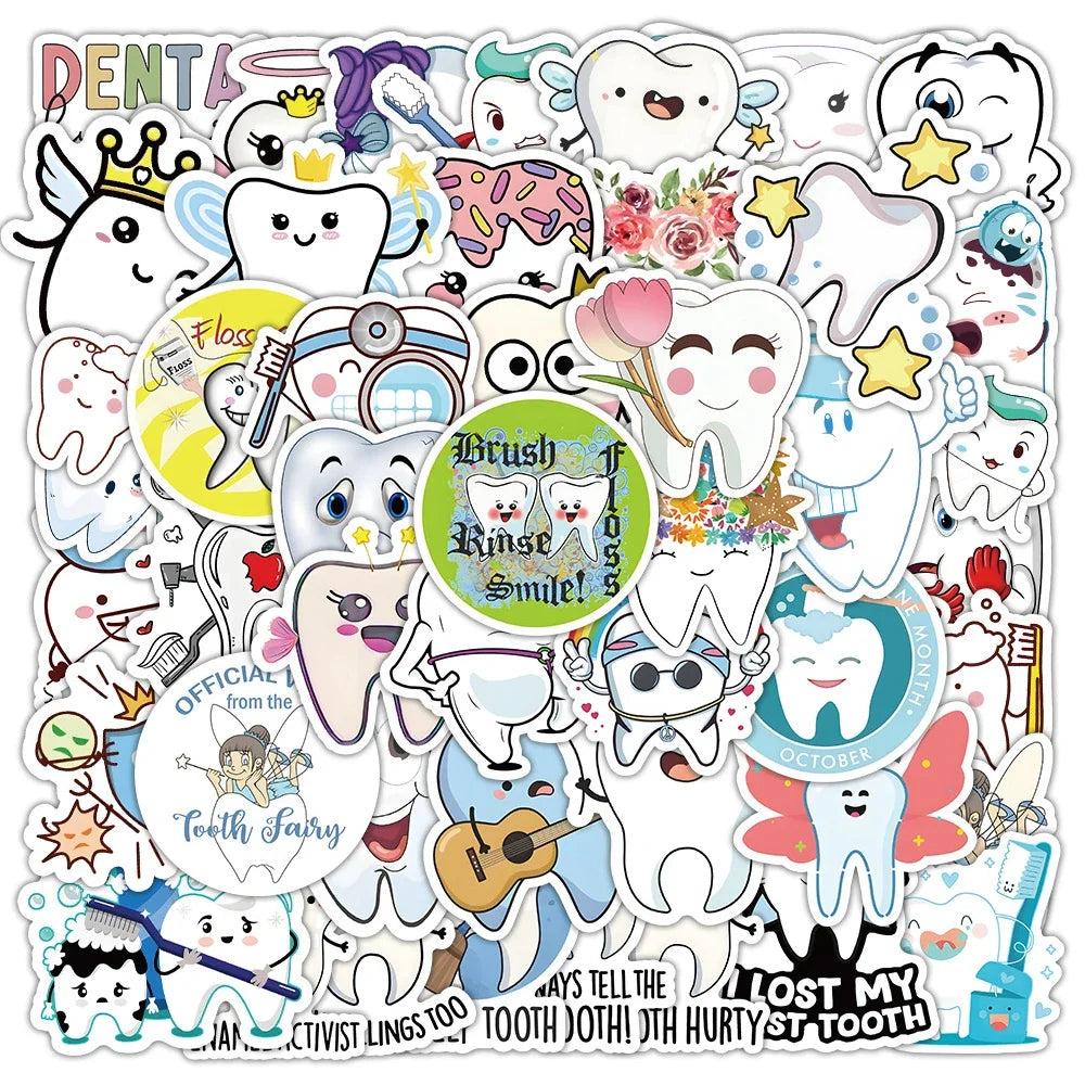10/30/50pcs Funny Cute Cartoon Tooth Stickers Graffiti Decals Laptop Scrapbook Phone Suitcase Car Decoration Waterproof Sticker