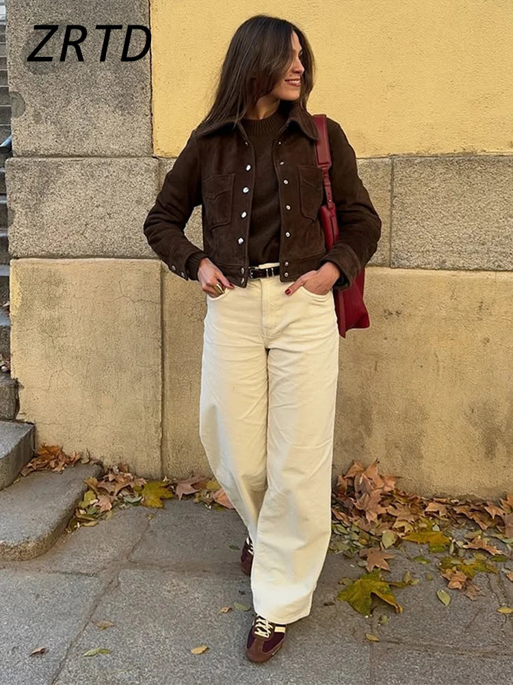 Street Women's Short Brown Suede Jacket Lapel Single Breasted Full Sleeve Pocket Female Coats 2025 Autumn Lady Commute Outerwear