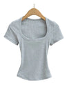 Summer square neck high elasticity crop top women's short sleeved sexy top slim fit pullover base shirt