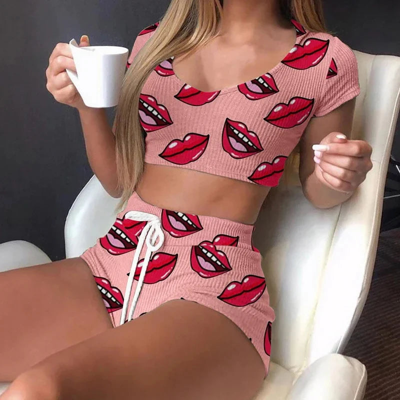 2026 Summer Casual Lips Print Women Sleepwear Pajamas Set Top Pants Skinny Homewear Underwear