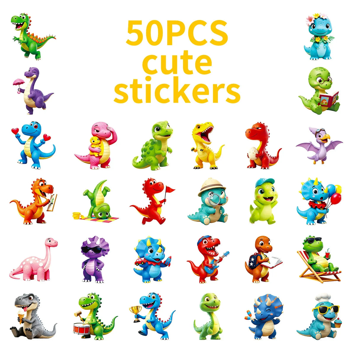 56/112PCS Cartoon 3D Dinosaur Graffiti Stickers Cute Dinosaur Decoration Stationery Notebook Reward Stickers