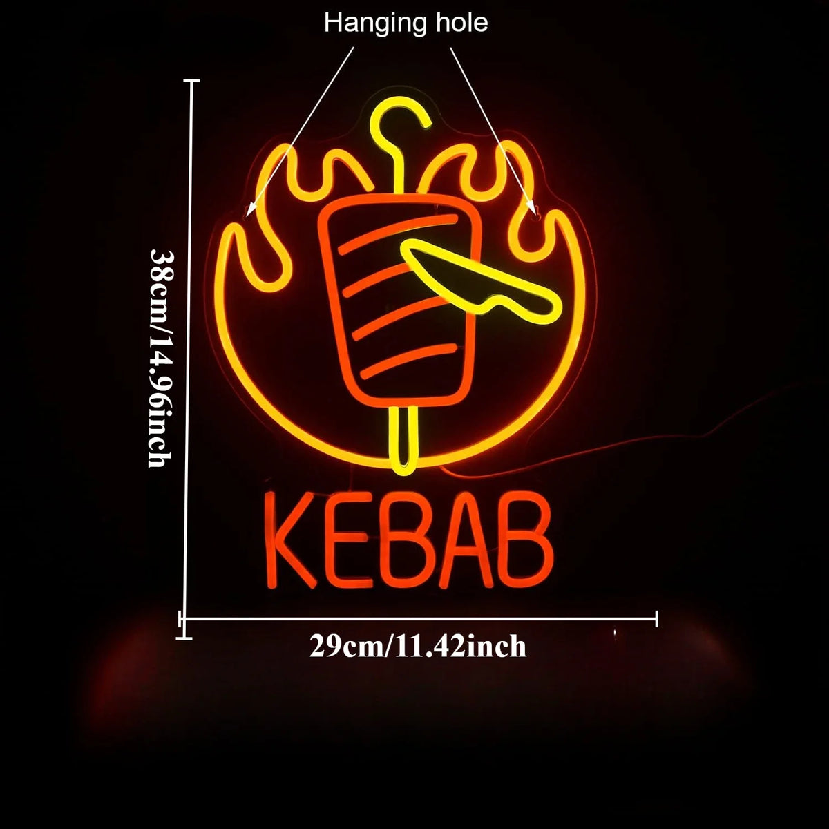 KEBAB Food LED Neon Sign with Flames and Knife for Kebab Shop Restaurant Bar Decor Home Party Unique Advertising Sign