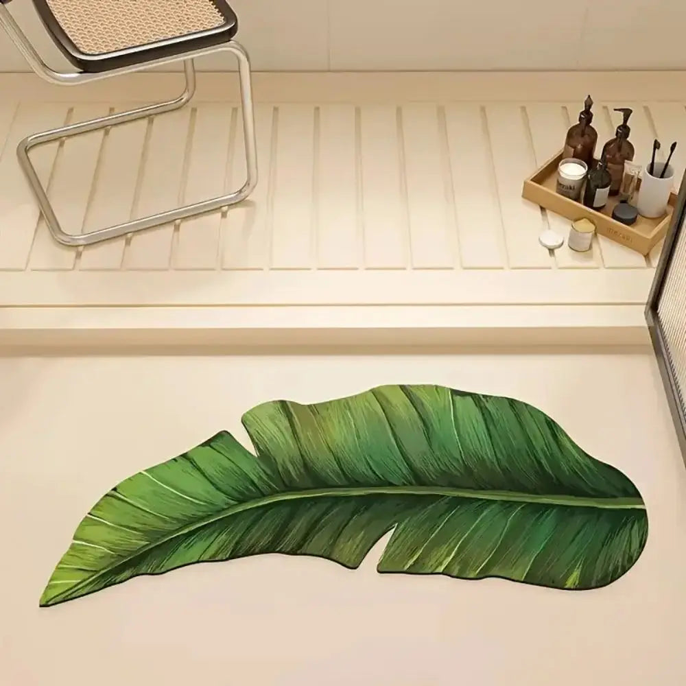 VIKAMA Bath Mat Non Slip Quick Dry Absorbent Green Shower Rug for Bathroom Floor Washable Rubber Mat with Leaf and Thin Design